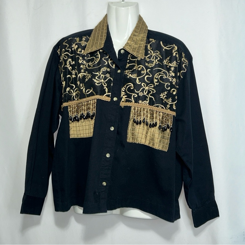 Elegant Black and Gold Embroidered‎ Button Down Shirt